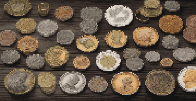 A collection of coins and banknotes on a dark wooden table, representing different currencies.