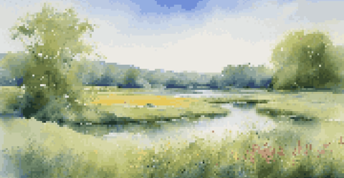 A bright and serene landscape with a green field, colorful wildflowers, and a peaceful pond under a blue sky.