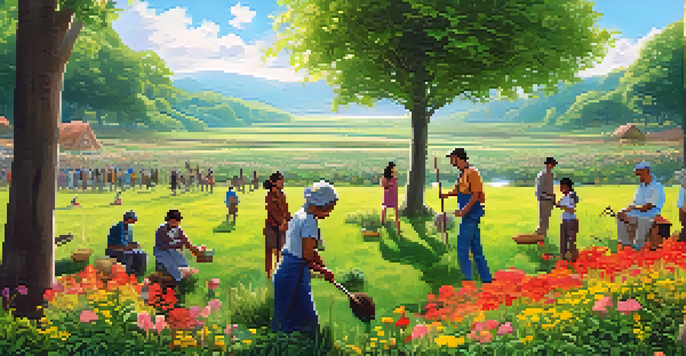 A diverse group of people planting trees in a green field under a bright blue sky, symbolizing community and environmental responsibility.