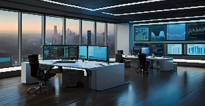 A modern financial analyst's workspace filled with screens showing market data and AI algorithms, illuminated by blue light.