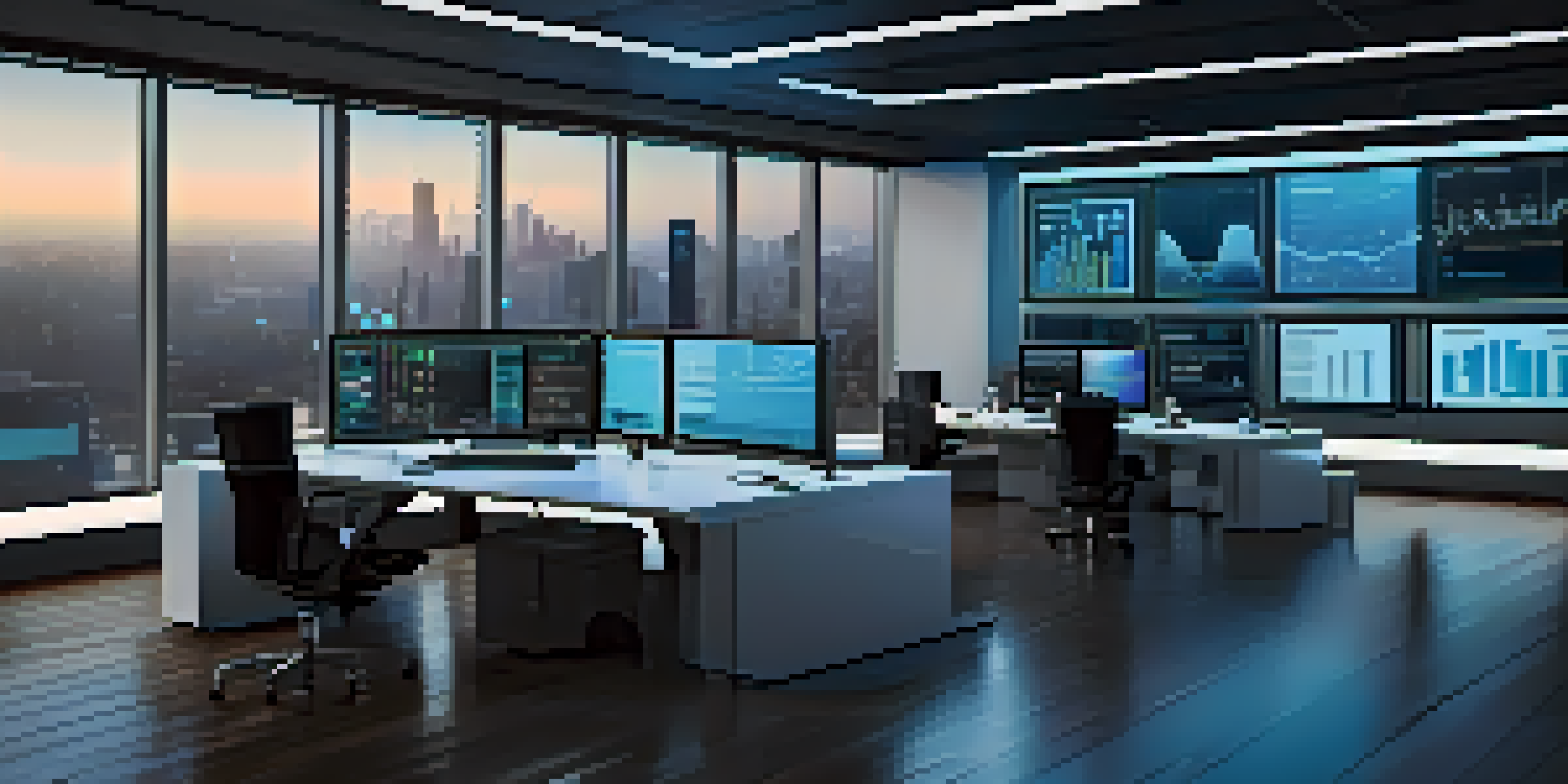 A modern financial analyst's workspace filled with screens showing market data and AI algorithms, illuminated by blue light.