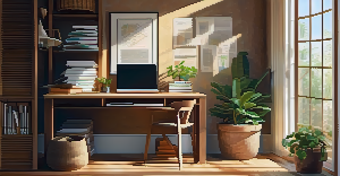 A bright and inviting home office with a wooden desk, laptop, plants, and natural light.