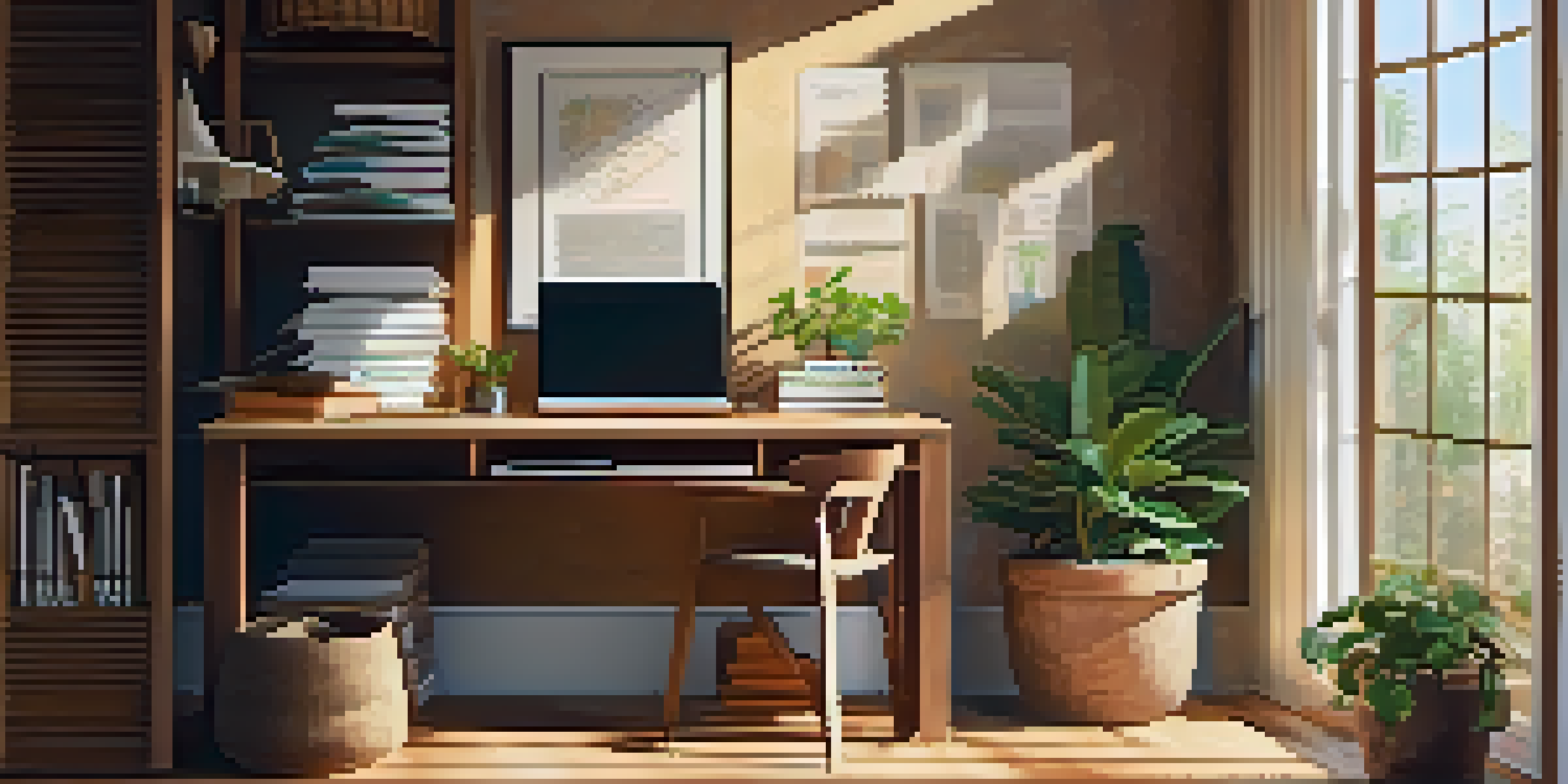 A bright and inviting home office with a wooden desk, laptop, plants, and natural light.