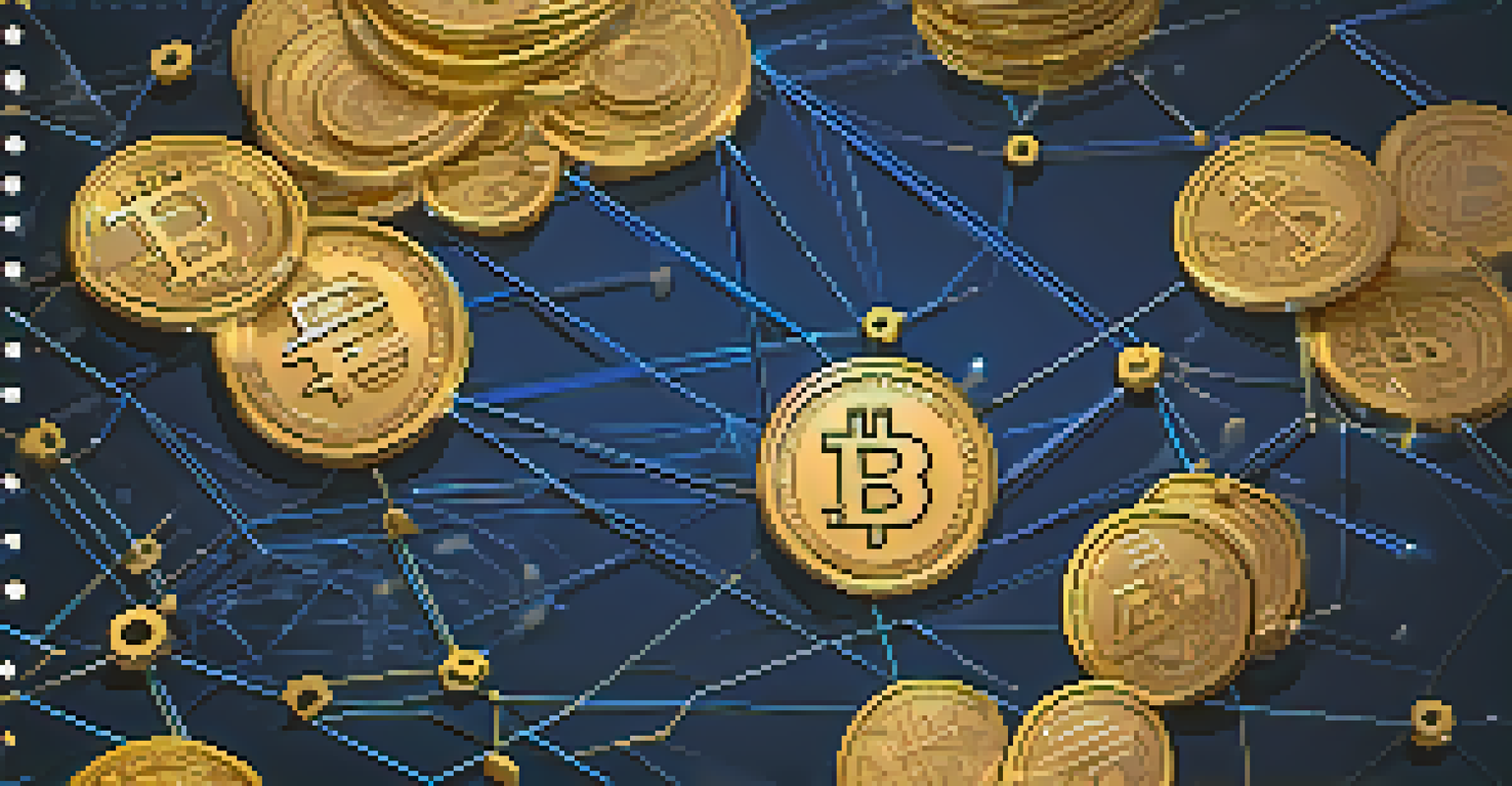 Abstract image of stablecoins and digital currency symbols connected by blockchain patterns in a glowing blue background.