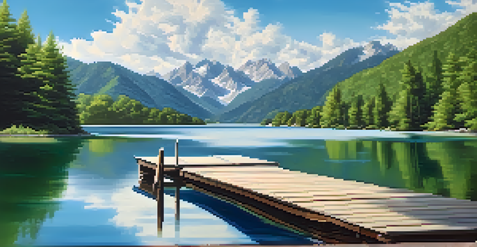 A peaceful lake scene with mountains and a dock, reflecting the sky and clouds.