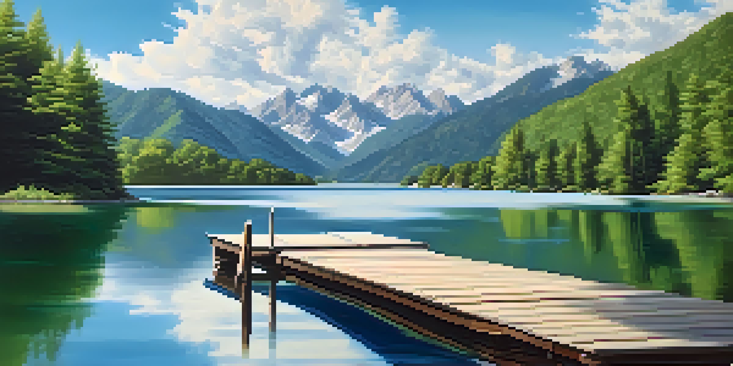 A peaceful lake scene with mountains and a dock, reflecting the sky and clouds.