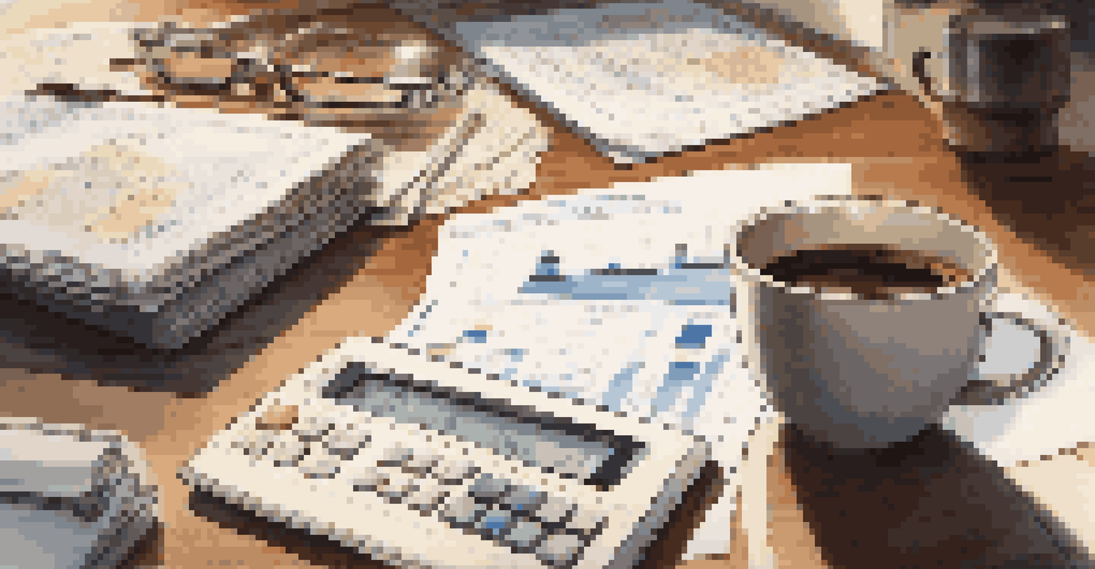 A close-up of a person analyzing financial documents with a calculator, graphs, and charts on a wooden table.