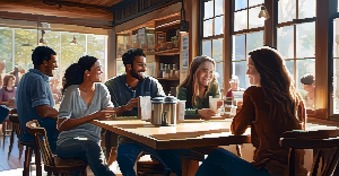 A cozy coffee shop scene featuring a diverse group of friends enjoying their time together, with sunlight streaming in through large windows.