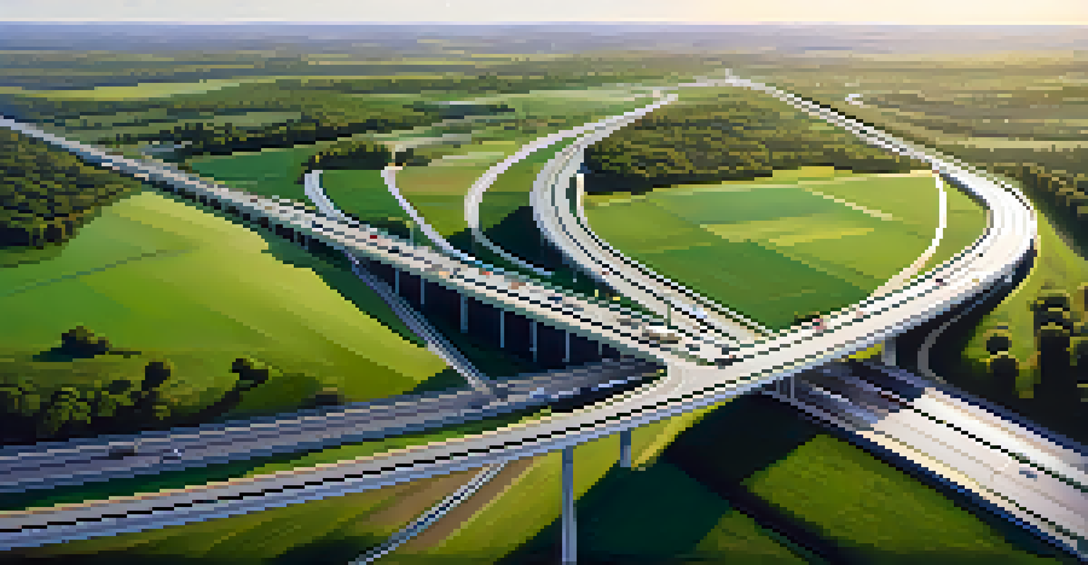 Aerial view of a highway through a green landscape, connecting rural areas to a city with vehicles traveling.