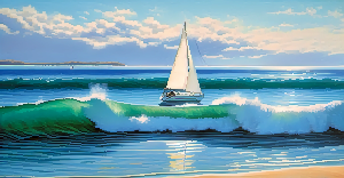 A peaceful ocean scene with a sailboat on calm waters under a clear sky.