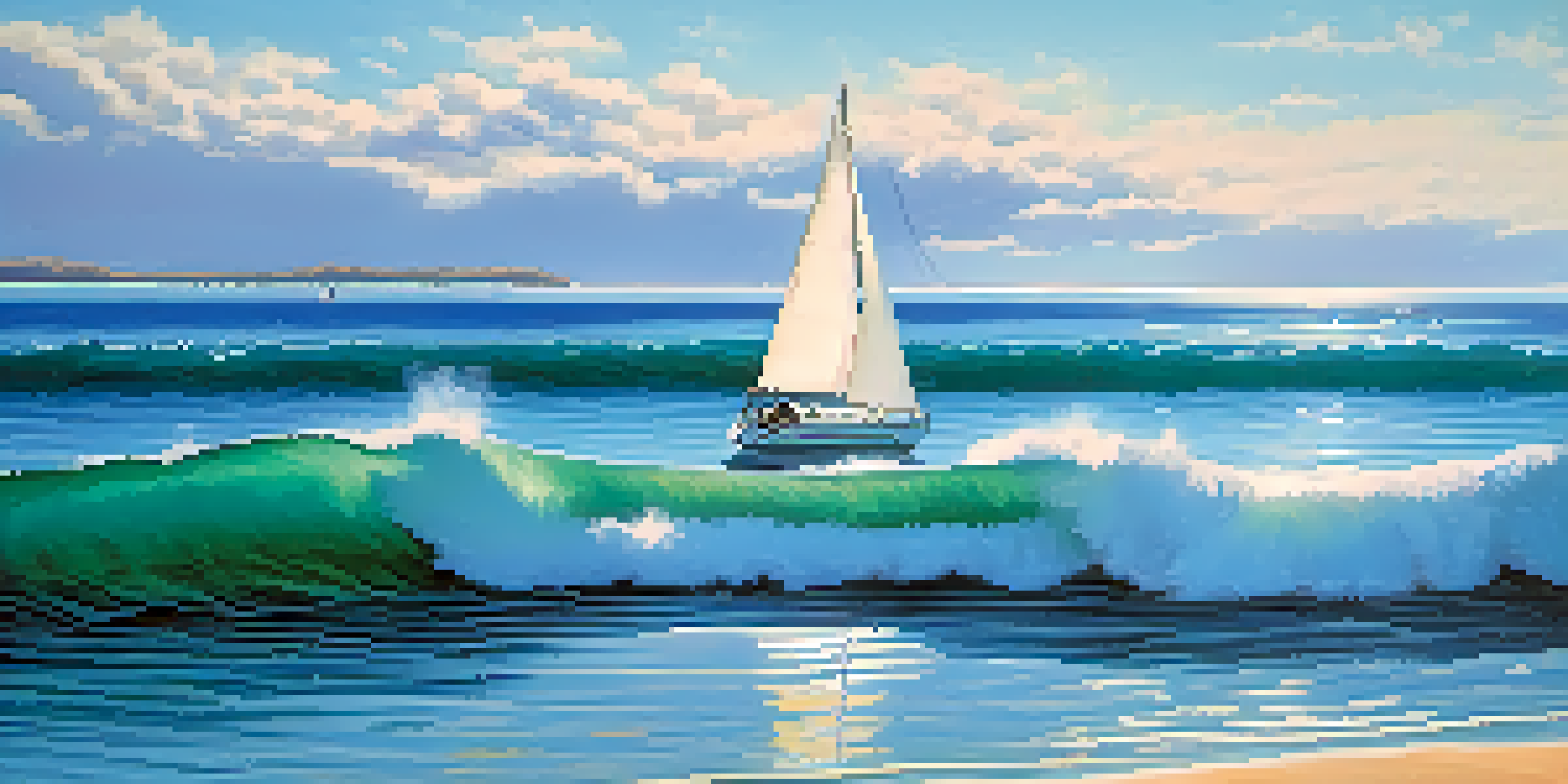 A peaceful ocean scene with a sailboat on calm waters under a clear sky.