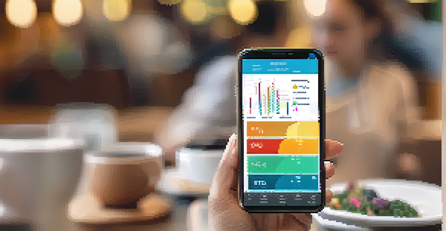 A close-up of a hand holding a smartphone with an investment app displaying colorful graphs, set in a cozy café environment with coffee and pastries.