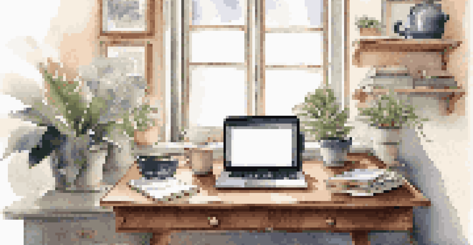 A cozy workspace with a laptop, notebook, coffee cup, and plants in natural light.
