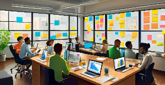 A diverse group of professionals in a startup office brainstorming with colorful post-it notes and laptops.