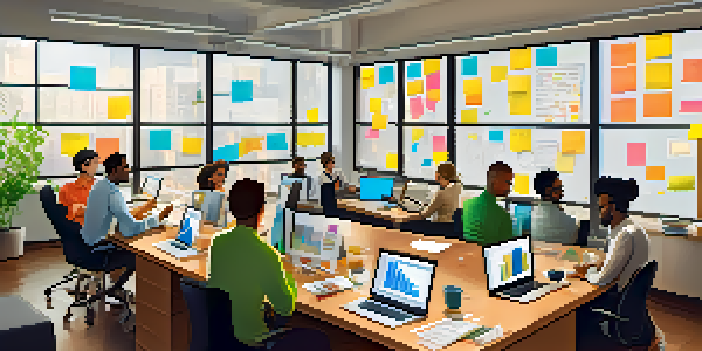 A diverse group of professionals in a startup office brainstorming with colorful post-it notes and laptops.