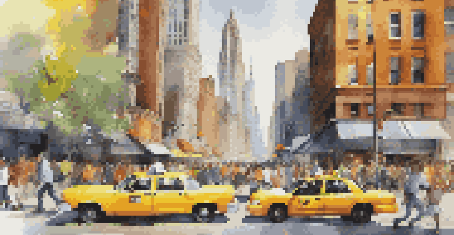 A busy city street with pedestrians, colorful shops, and skyscrapers, capturing urban life.