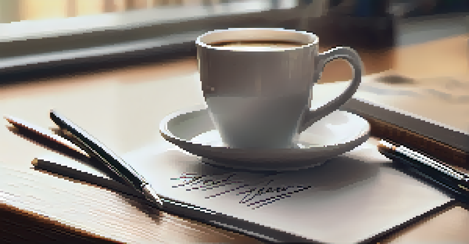 A thank-you note from a client sitting on a desk next to a coffee cup, with a blurred bookshelf in the background.