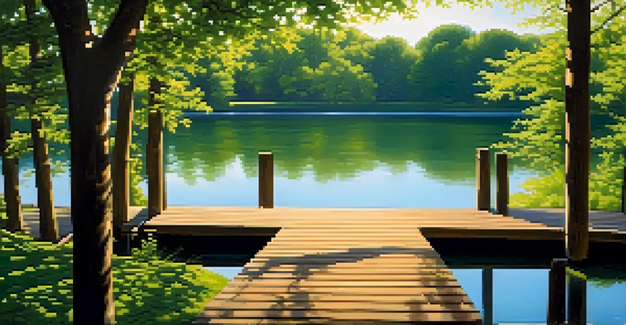 A tranquil lake surrounded by green trees and a wooden dock under a blue sky with sunlight filtering through the leaves.