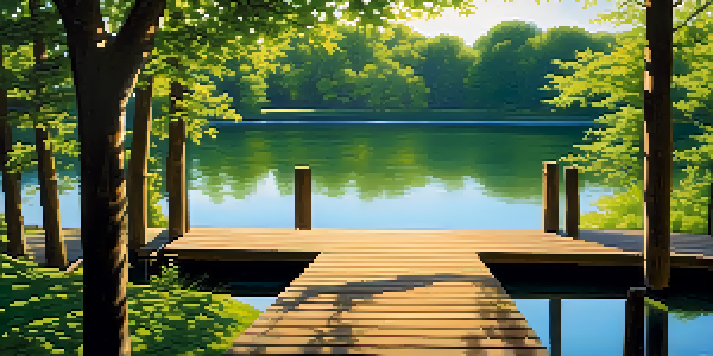 A tranquil lake surrounded by green trees and a wooden dock under a blue sky with sunlight filtering through the leaves.