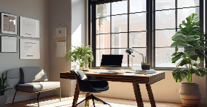 A modern office space with a wooden desk, laptop, documents, and a potted plant, illuminated by natural light from large windows.