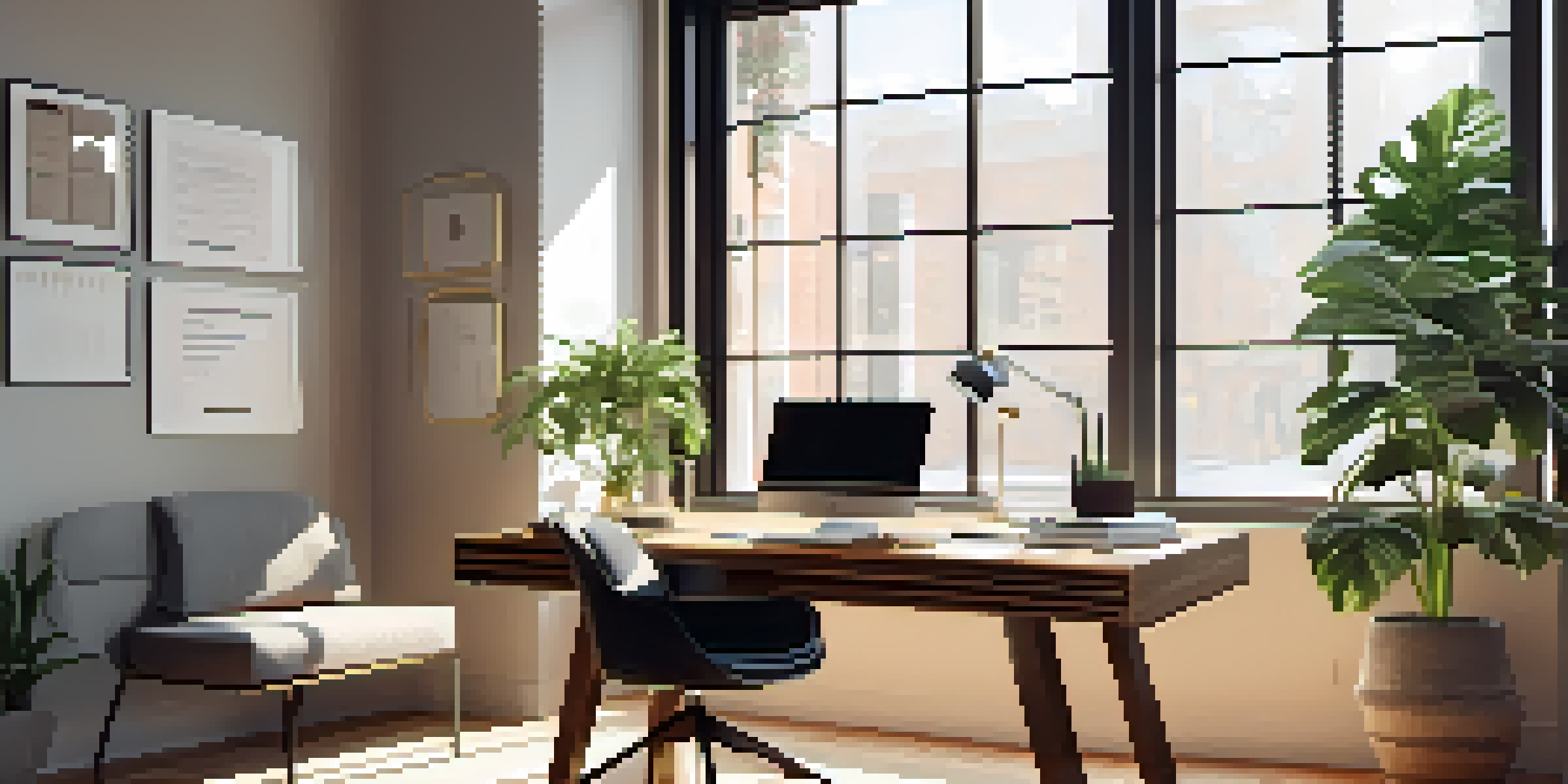 A modern office space with a wooden desk, laptop, documents, and a potted plant, illuminated by natural light from large windows.
