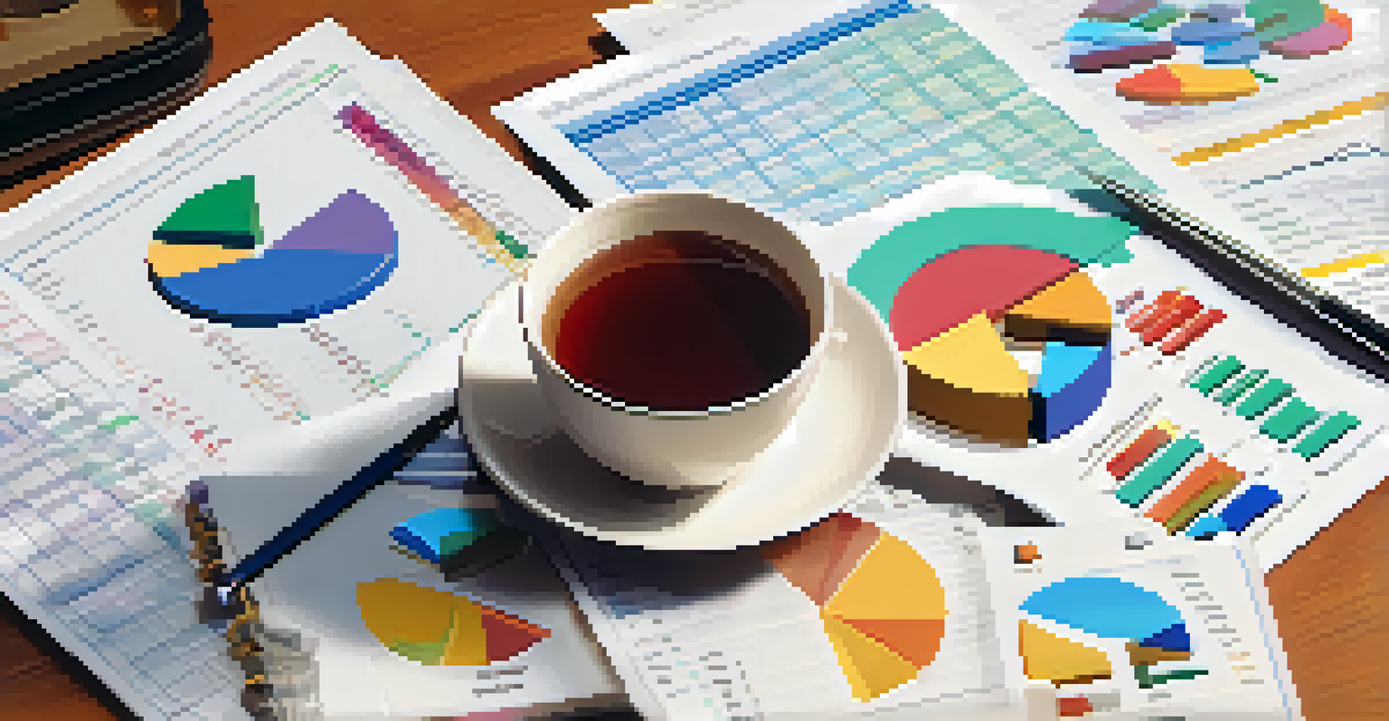An open notebook with a pen on a budgeting spreadsheet, accompanied by colorful charts and a calculator.