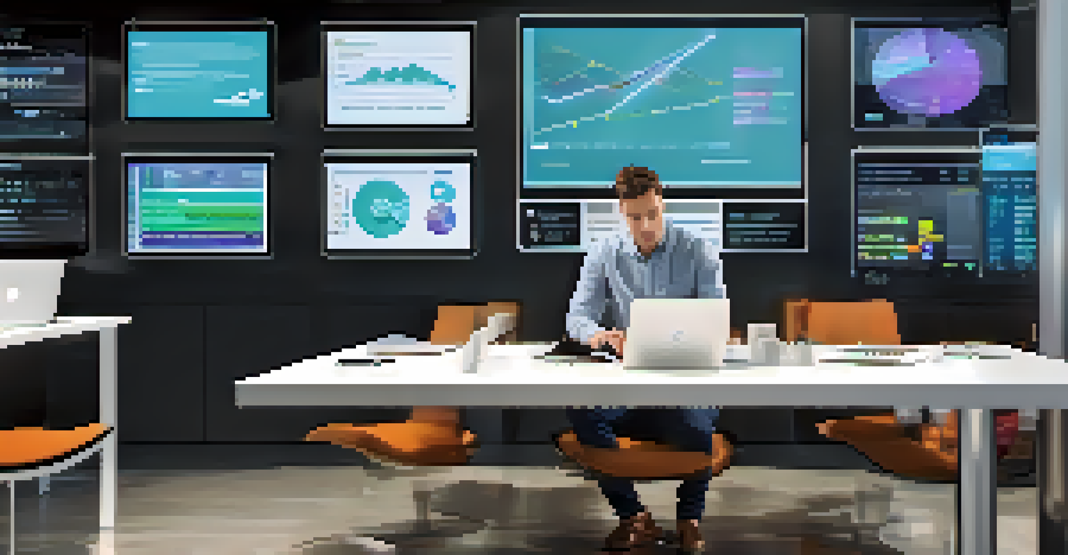 A modern workspace with a tablet showing market data and a financial coach working on a laptop.