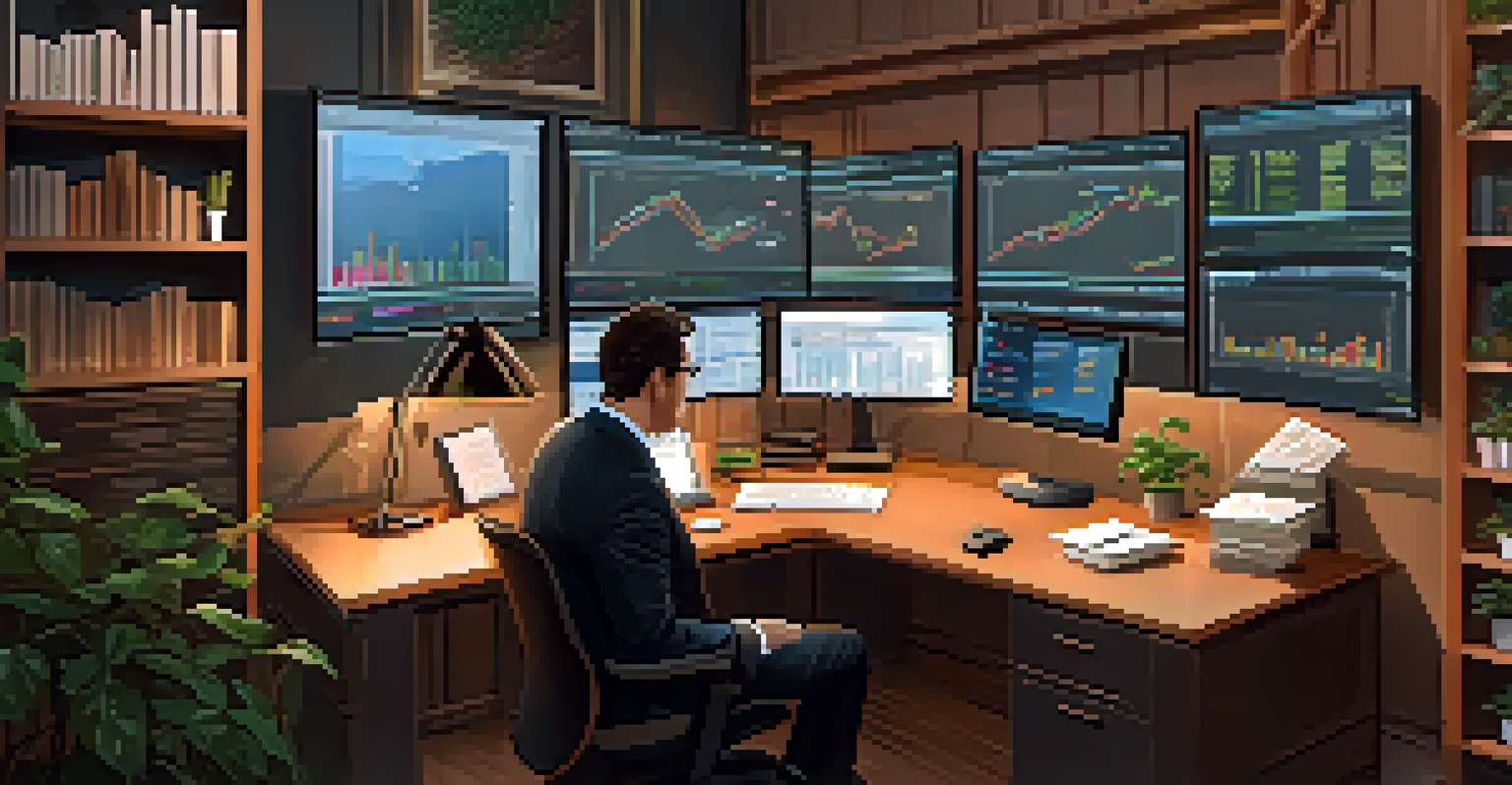 A trader in a cozy office analyzing market trends on a large screen, surrounded by finance books and a potted plant.