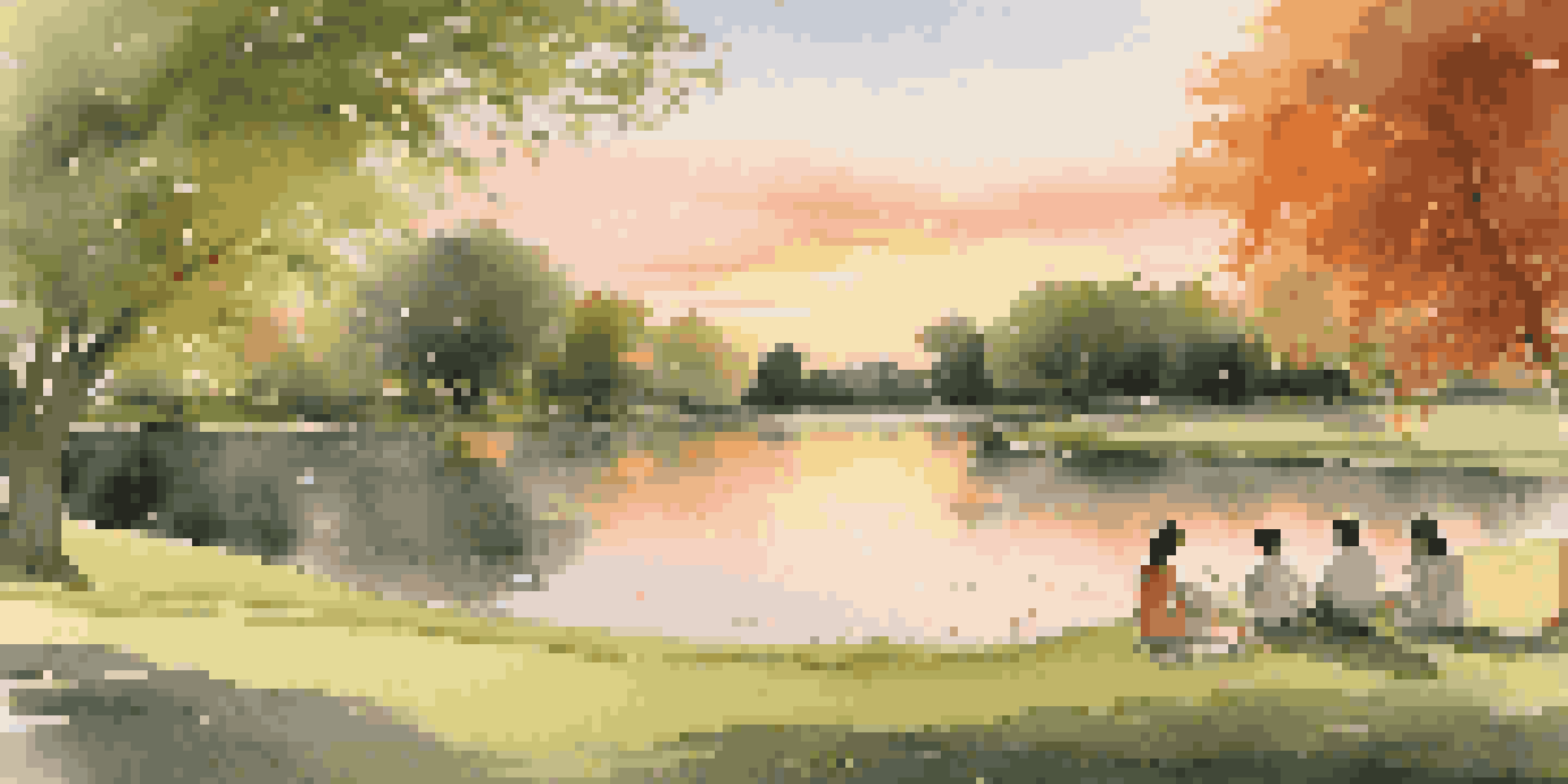 A peaceful park scene with a pond, green trees, a family having a picnic, and a sunset sky.