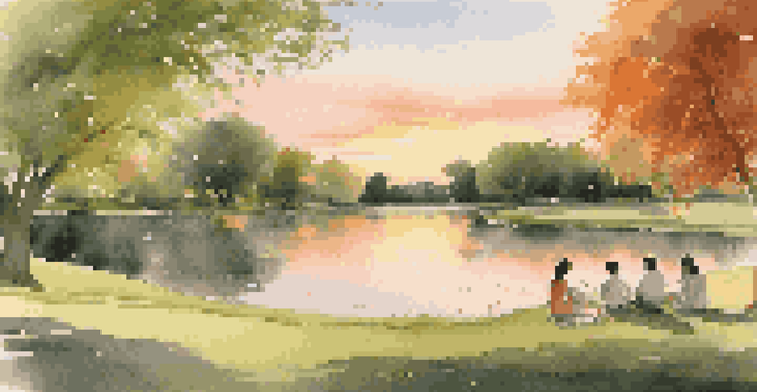 A peaceful park scene with a pond, green trees, a family having a picnic, and a sunset sky.
