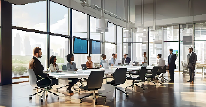 A diverse group of professionals in a bright modern office, collaborating over financial documents and charts in a meeting.