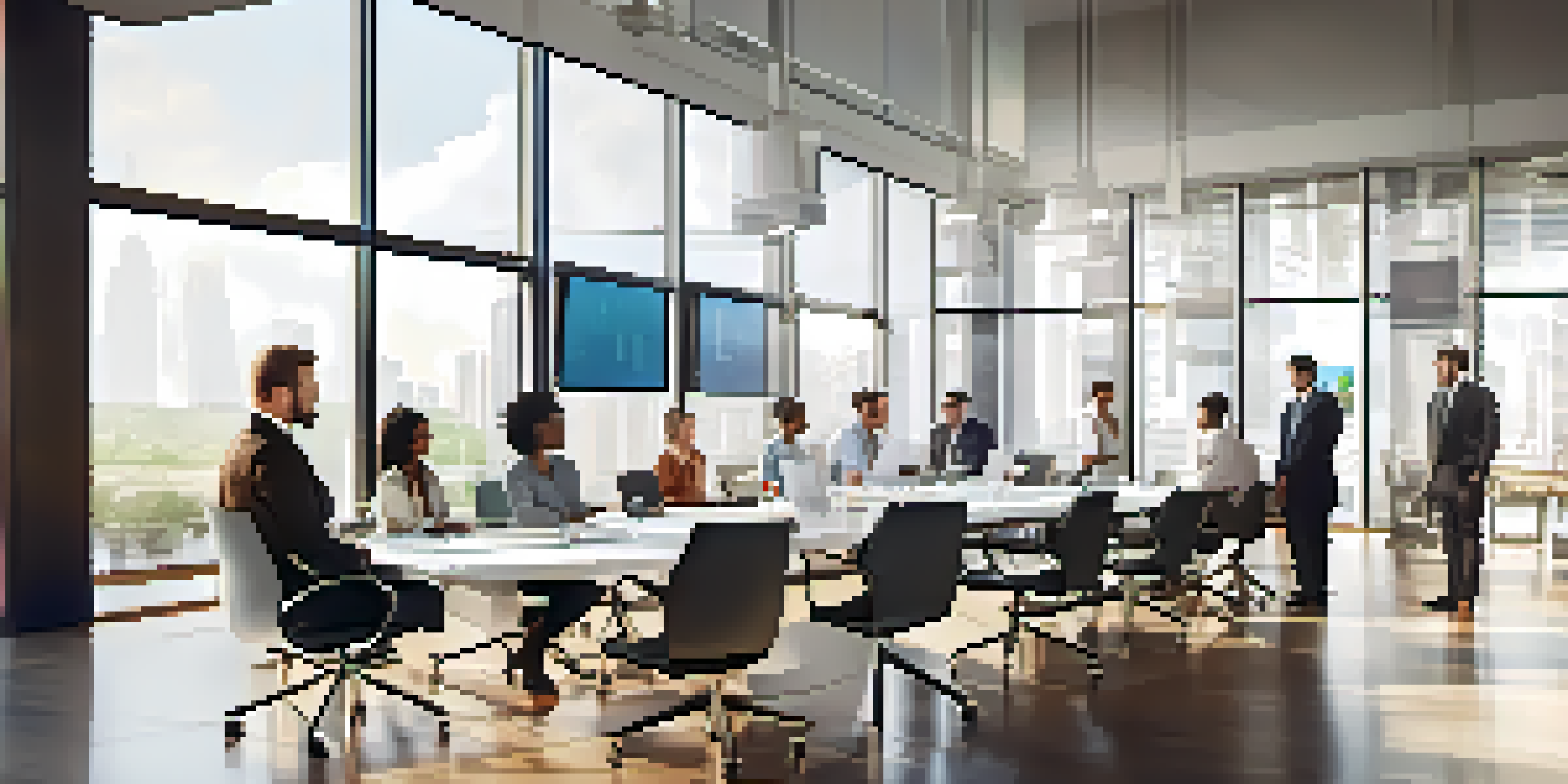 A diverse group of professionals in a bright modern office, collaborating over financial documents and charts in a meeting.