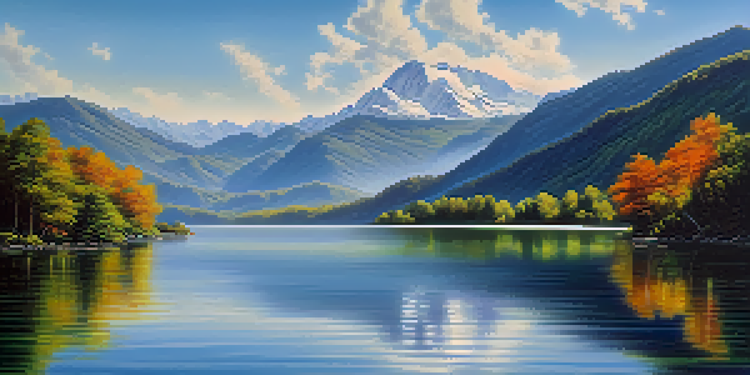 A tranquil lake surrounded by green forests and mountains under a blue sky, with sunlight reflecting on the water.