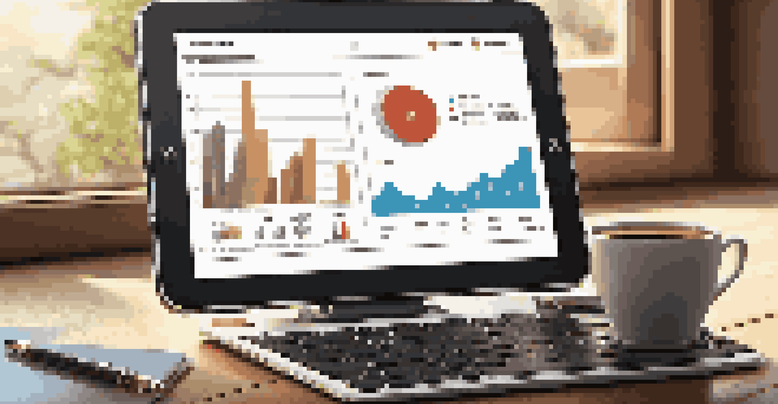 A close-up of a tablet showing a KPI dashboard, placed on a wooden desk with coffee and a notepad.