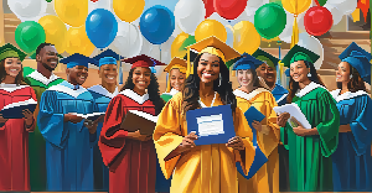 A young woman proudly receiving her scholarship certificate at graduation, with family cheering in the background and colorful banners celebrating education.