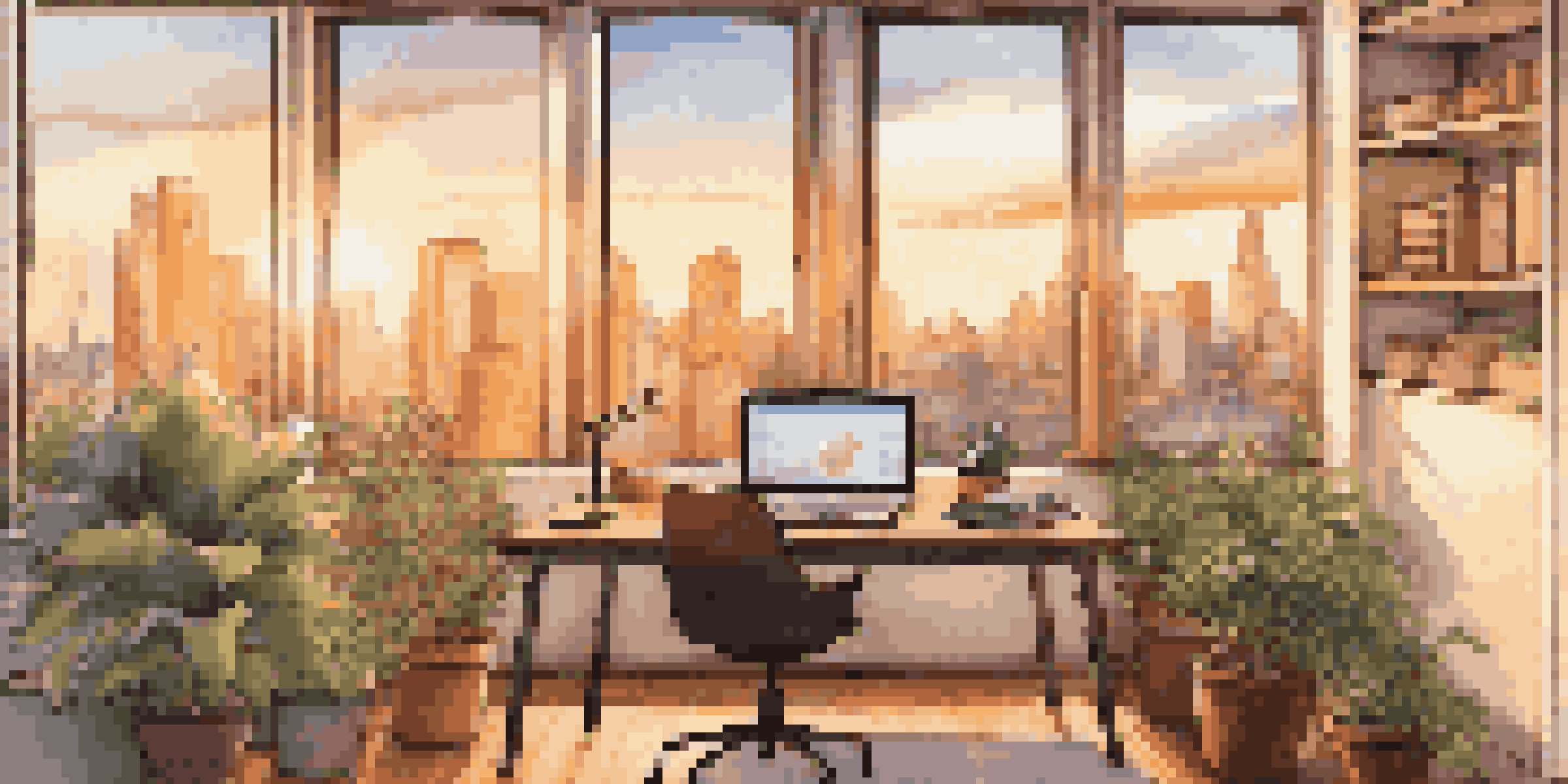 A modern office with a desk, laptop showing financial graphs, city skyline at sunset, and potted plants.