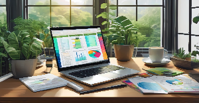 A financial planner's desk with a laptop showing mutual fund analysis, colorful charts, green plants, and a cup of coffee in soft natural light.