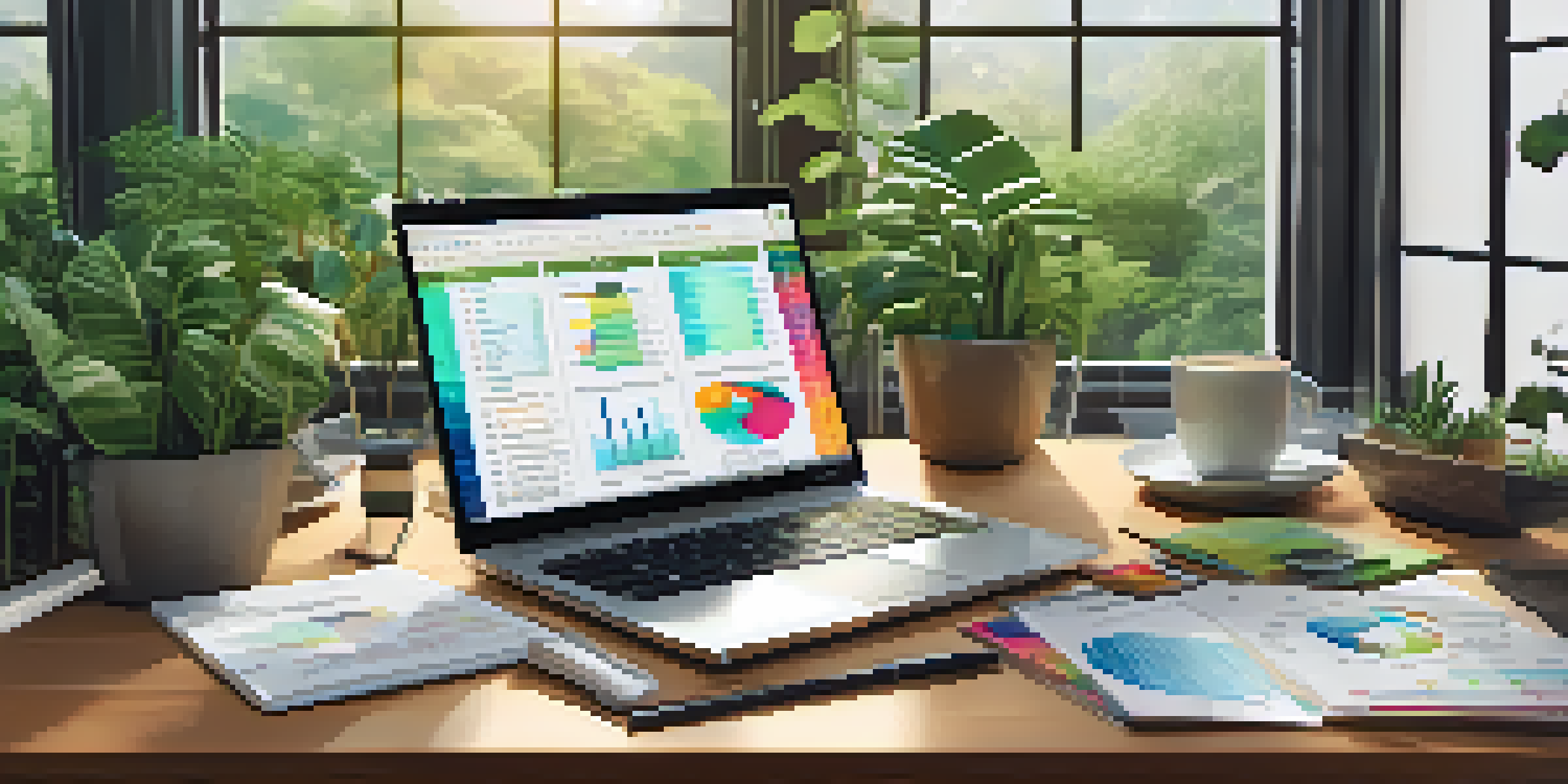 A financial planner's desk with a laptop showing mutual fund analysis, colorful charts, green plants, and a cup of coffee in soft natural light.