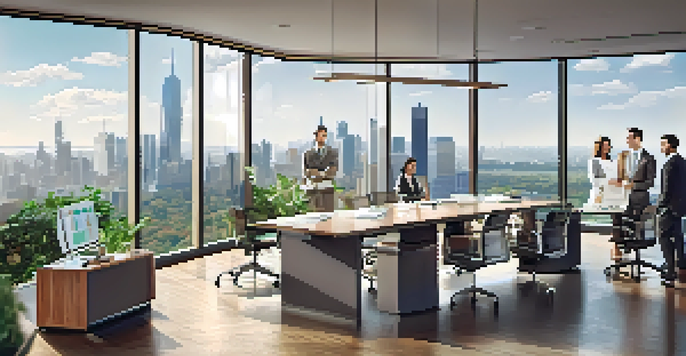 A diverse group of professionals in a modern office discussing SEC regulations, with charts displayed on a projector.