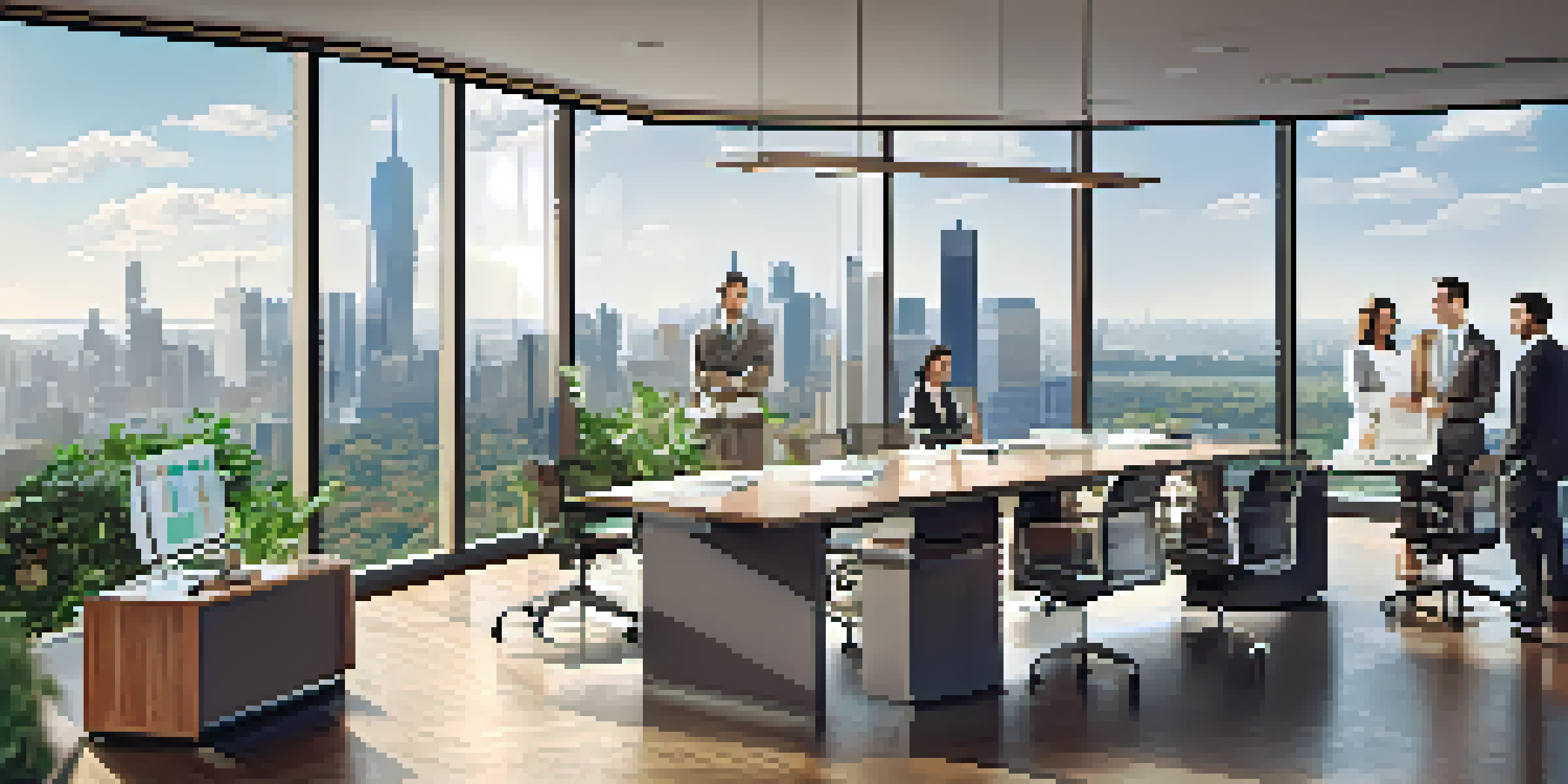 A diverse group of professionals in a modern office discussing SEC regulations, with charts displayed on a projector.