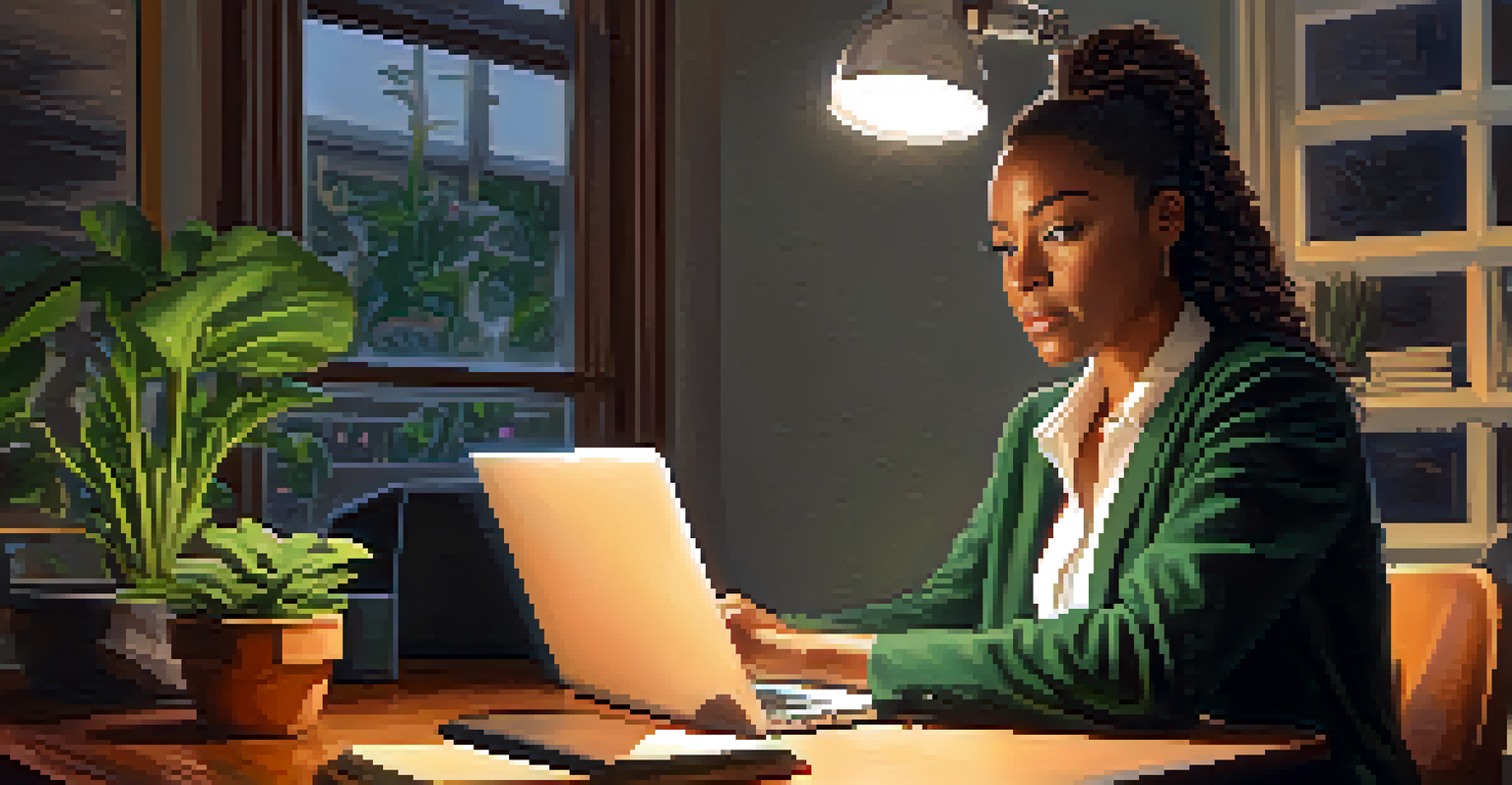 A person reviewing their credit report on a laptop with a determined expression, surrounded by a plant and a warm desk lamp glow.