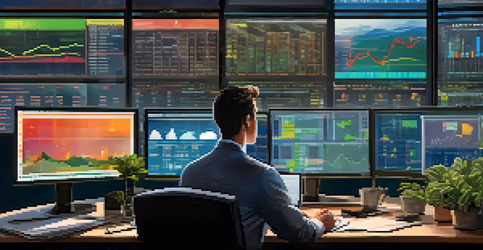 A trader at a modern desk with multiple screens showing commodity market trends and charts, with natural light filtering in and a potted plant on the desk.