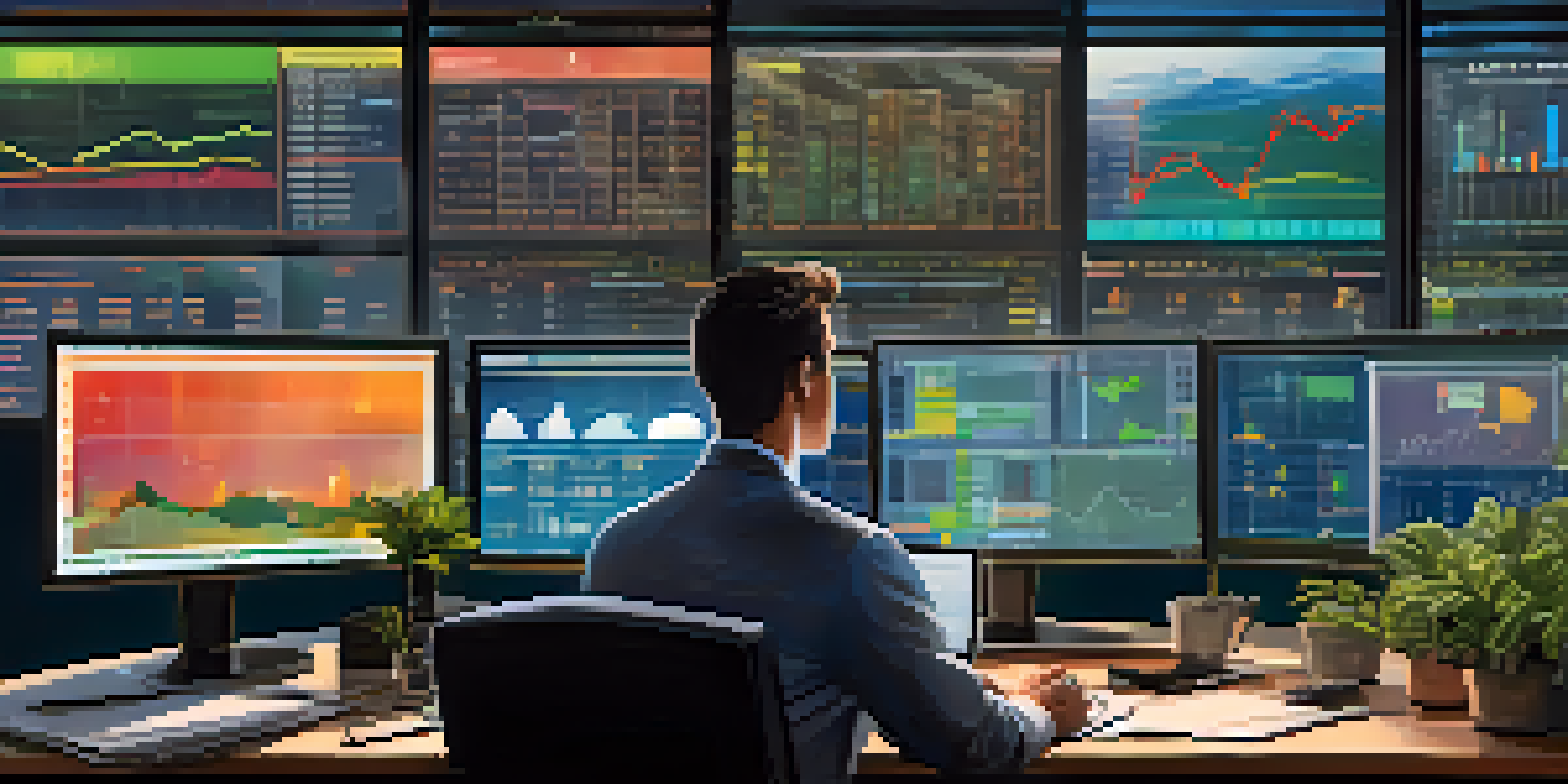 A trader at a modern desk with multiple screens showing commodity market trends and charts, with natural light filtering in and a potted plant on the desk.