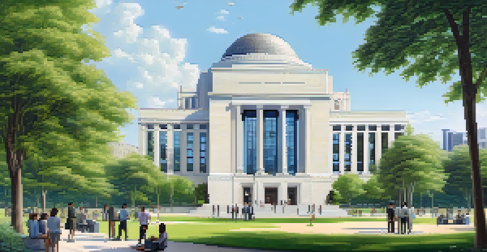 A modern central bank building set in a green landscape, with people discussing finance in the foreground.