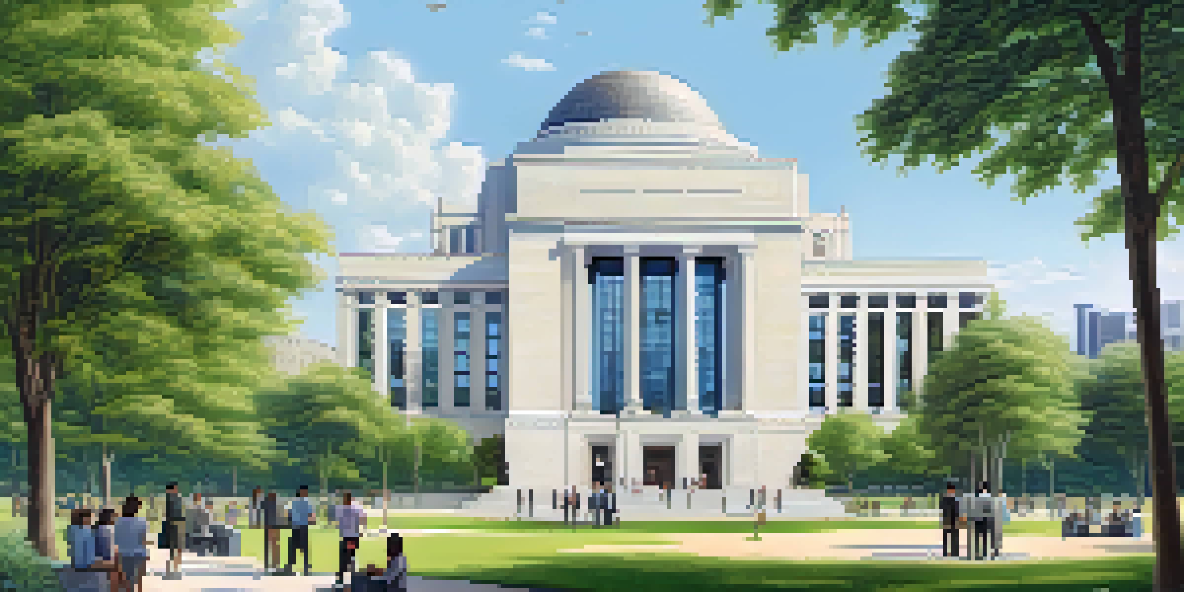 A modern central bank building set in a green landscape, with people discussing finance in the foreground.