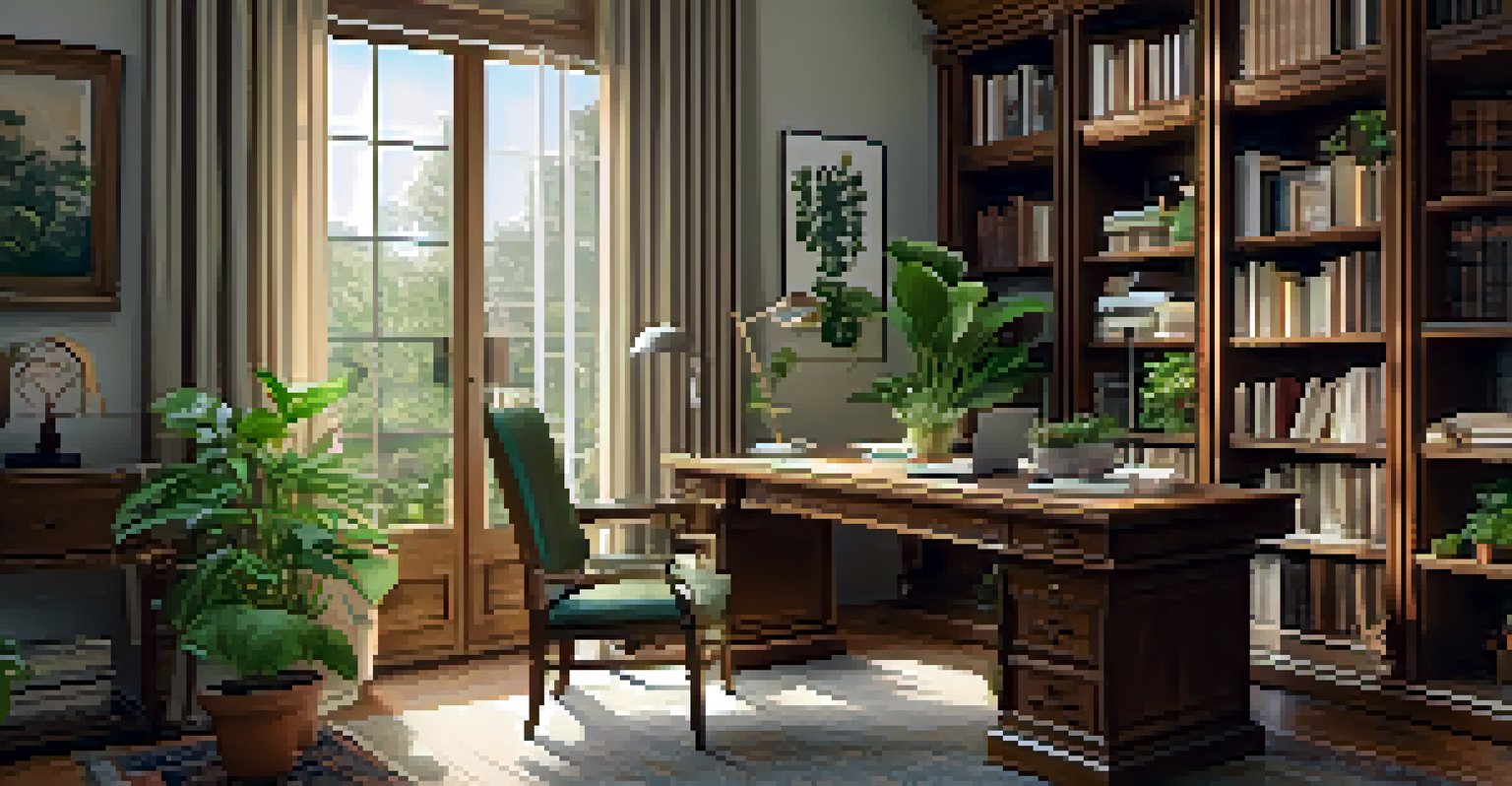A cozy home office with a wooden desk, chair, and bookshelf illuminated by natural light.