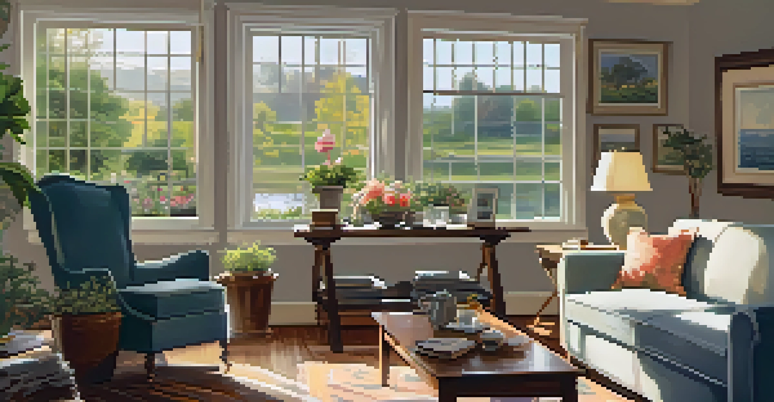 A senior person reviewing retirement plans in a cozy living room with family photos and a garden view.