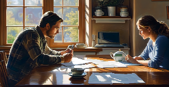 A couple sitting at a kitchen table, reviewing finances with papers and a laptop, bathed in soft morning light.