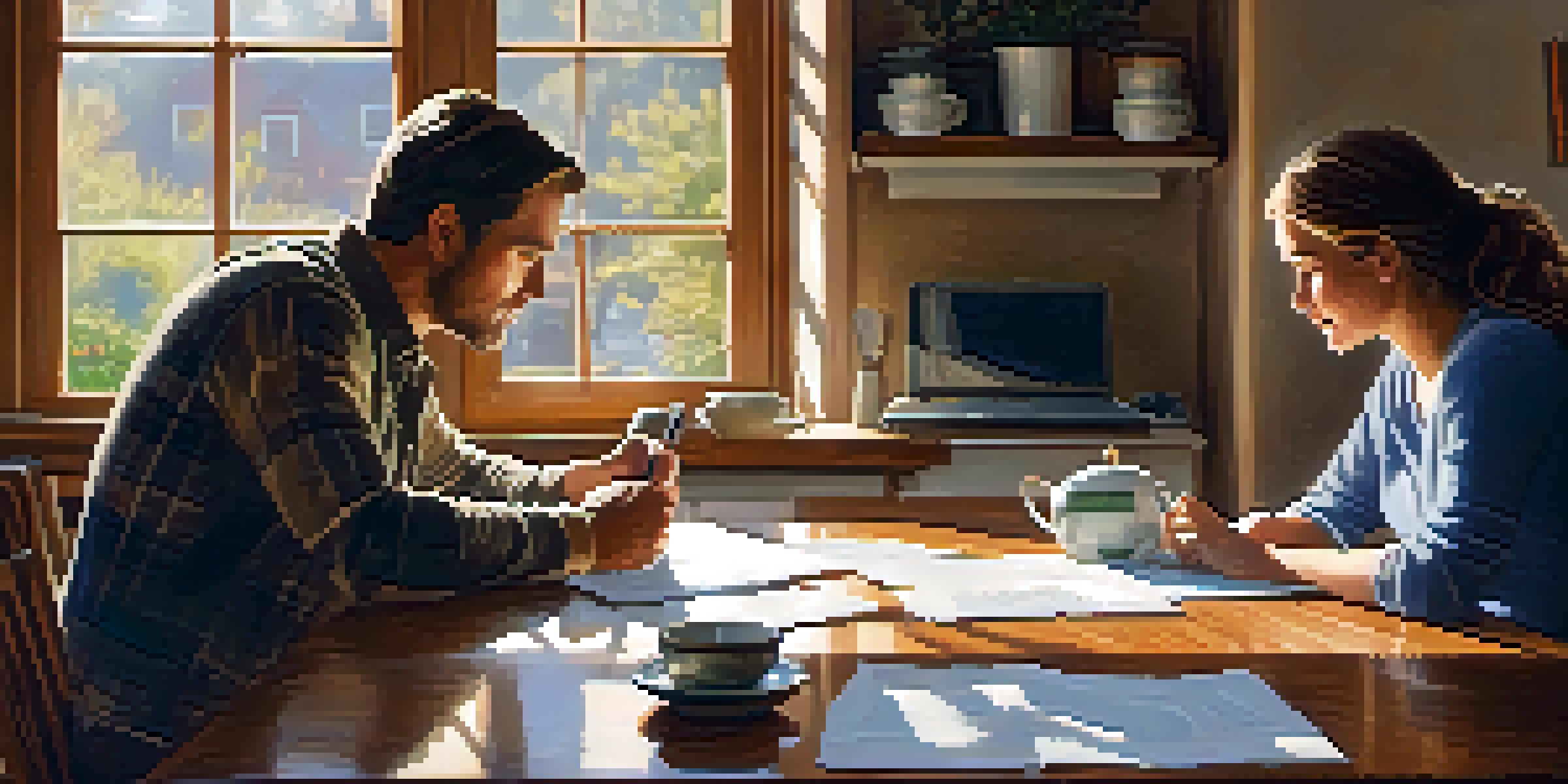 A couple sitting at a kitchen table, reviewing finances with papers and a laptop, bathed in soft morning light.