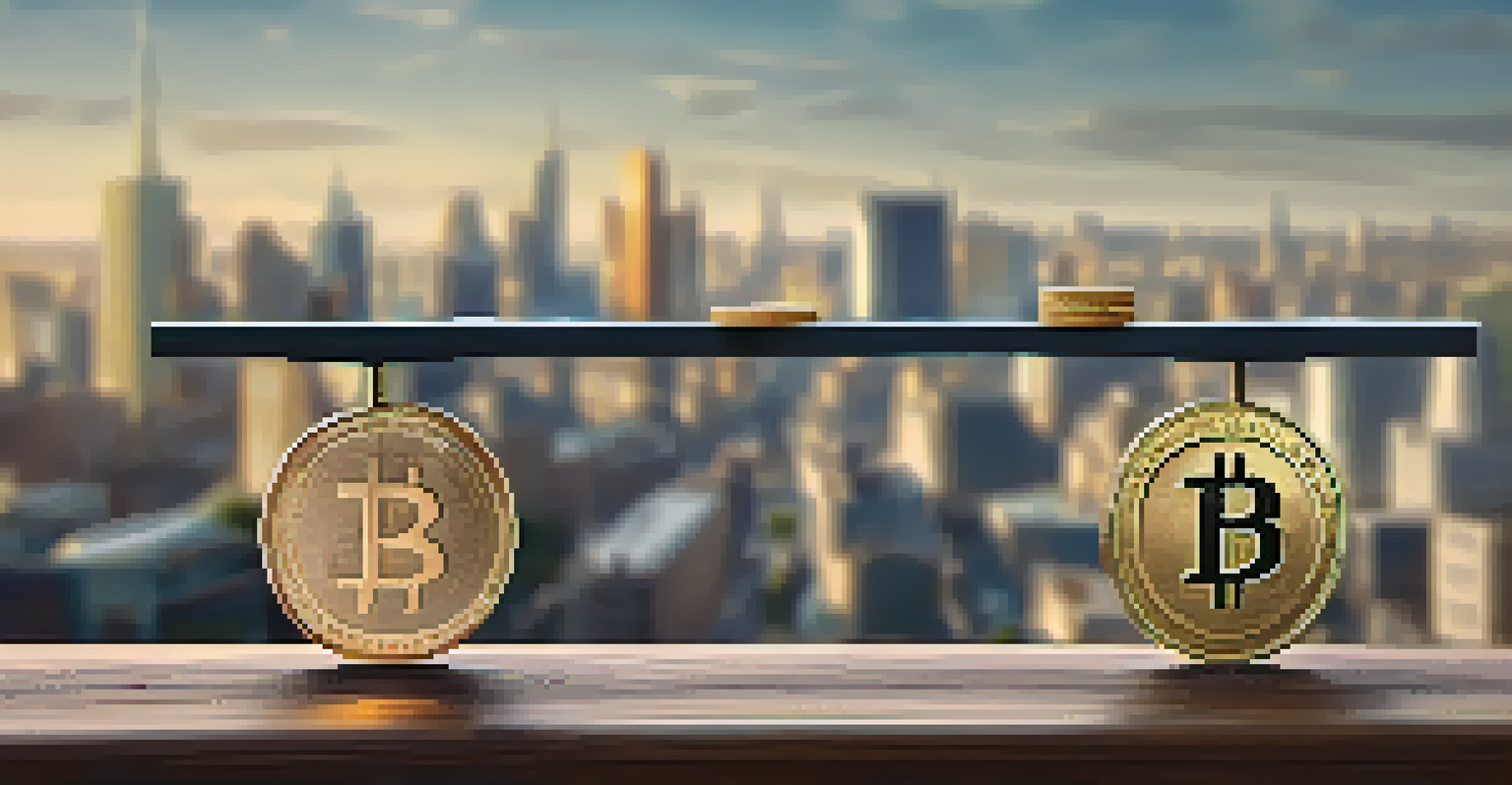 A seesaw balancing two coins, one representing a strong currency and the other a weak currency, against a blurred cityscape background.